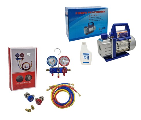 Zestaw Manometry z wężami + szybkozłącza HP LP R134a + Pompa próżniowa.jpg