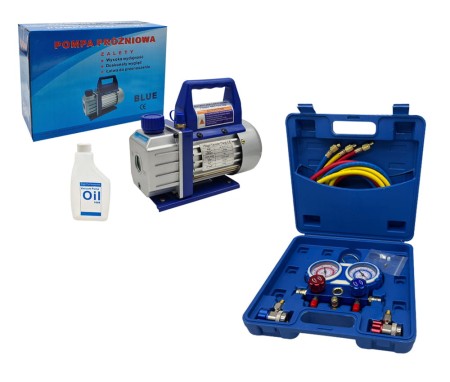 Zestaw Manometry z wężami + szybkozłączki HP LP R134a + Pompa próżniowa.jpg